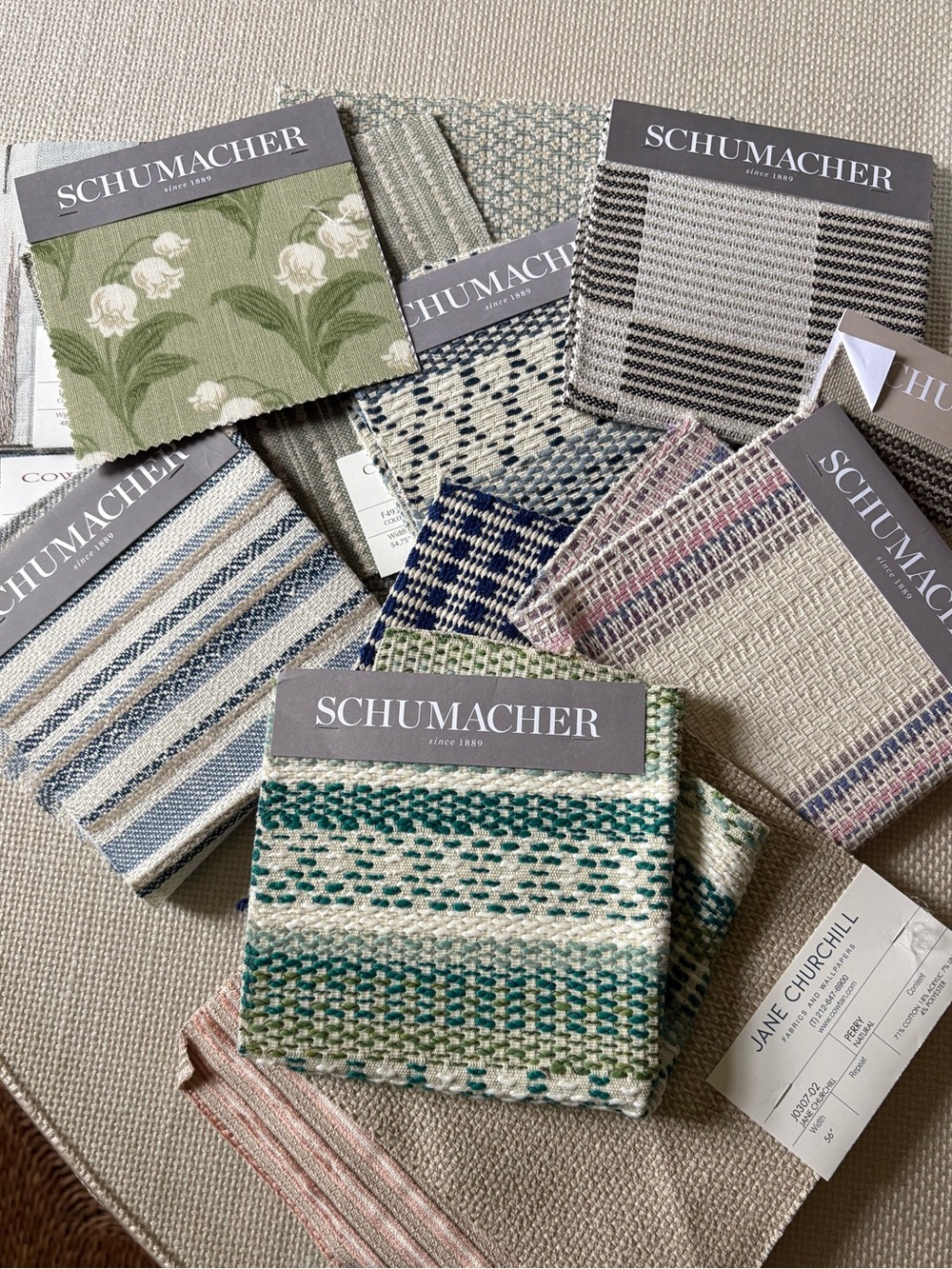 20 Schumacher, Jane Churchill etc Fabric Swatch Bundle in Green, Blue, Cream